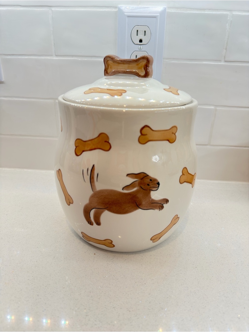 Rado Cream Ceramic Dog Treat Jar with Brown Bone Accent